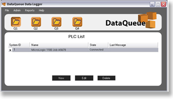 DataQueue Datalogger Screenshot of easy to use software for automatically gathering data from your PLC to your office computer for better monitoring and control.